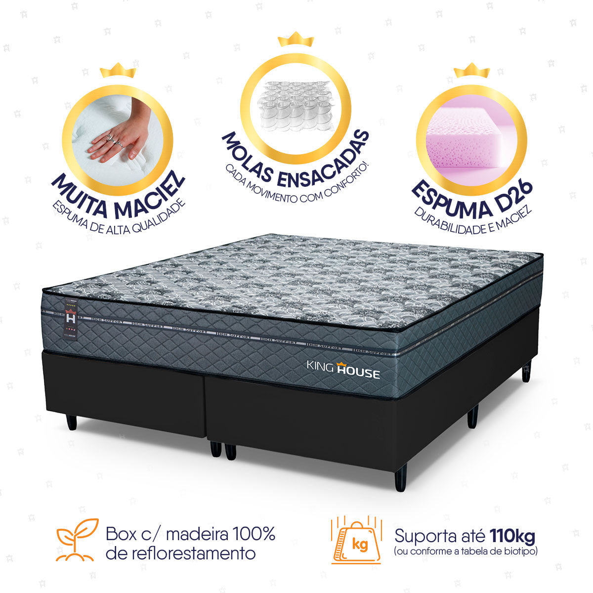 Cama Box Montreal Molas Ensacadas Queen 158x198 Preto Espuma D26 Suporta 120 Kg Por Pessoa
