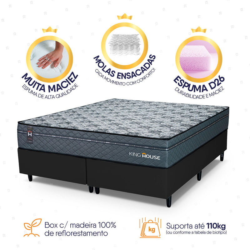 Cama Box Montreal Molas Ensacadas Queen 158x198 Preto Espuma D26 Suporta 120 Kg Por Pessoa
