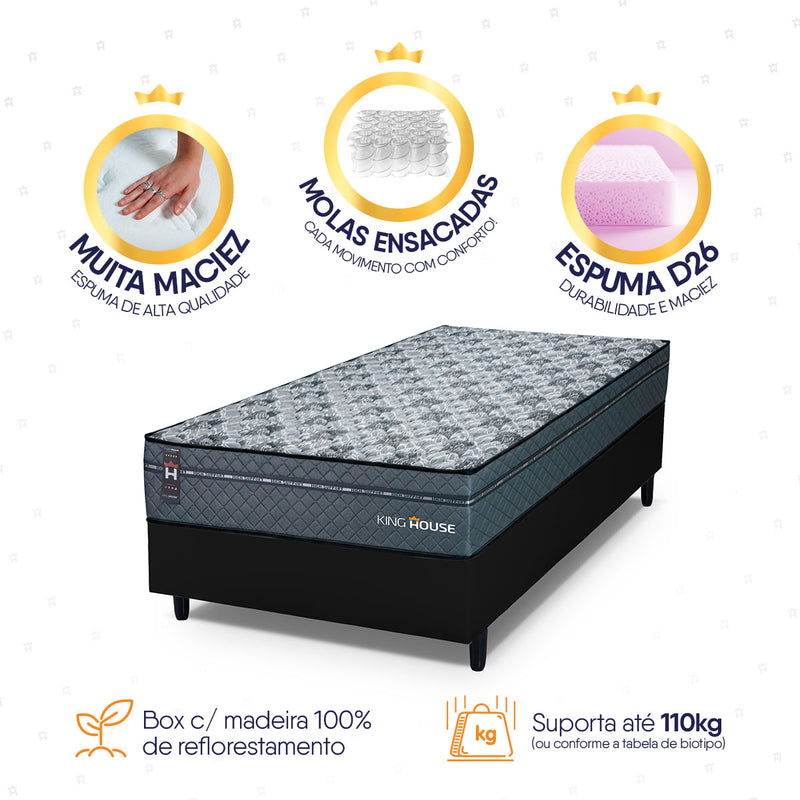 Cama Box Molas Ensacadas Montreal Solteiro 88x188 Preto Espuma D26 Suporta 120 Kg Por Pessoa