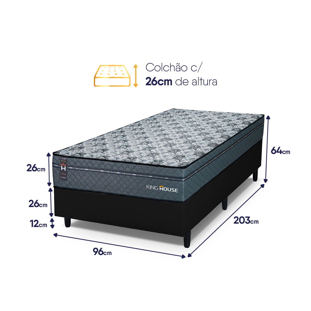 Cama Box Molas Ensacadas Montreal Solteiro 96x203 Preto Espuma D26 Suporta 120 Kg Por Pessoa