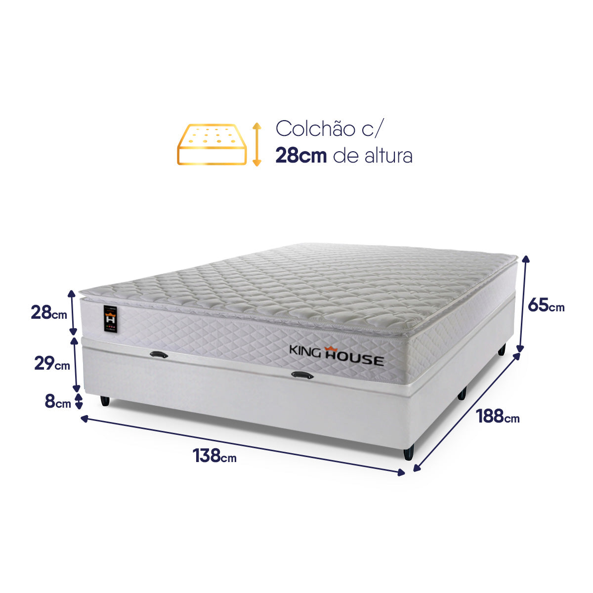 Cama Box Baú Branco New Moon 138x188x73 c/ Molas Ensacadas Espuma D26 Suporta 110 kg