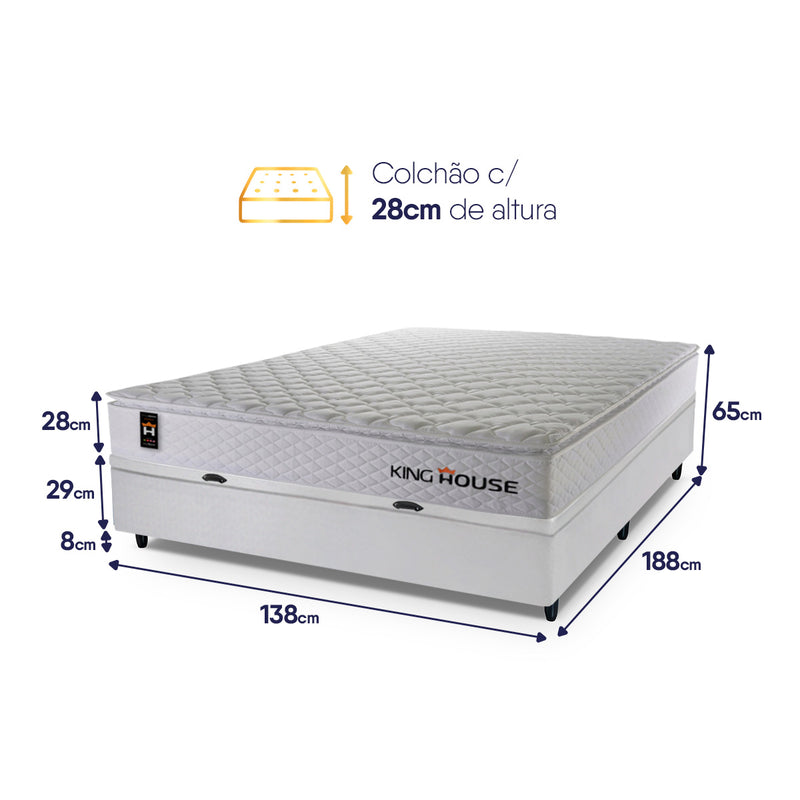 Cama Box Baú Branco New Moon 138x188x73 c/ Molas Ensacadas Espuma D26 Suporta 110 kg