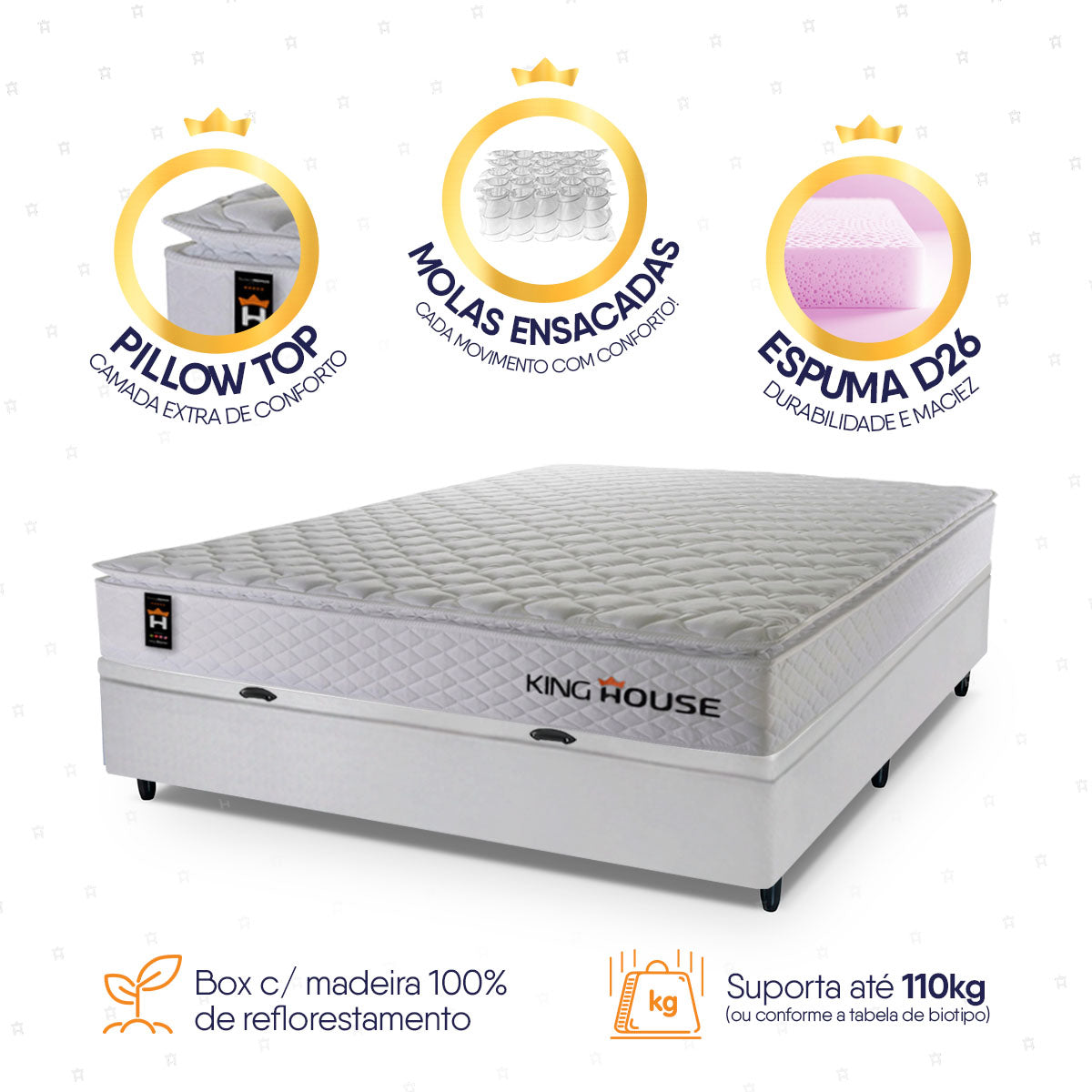 Cama Box Baú Branco New Moon 138x188x73 c/ Molas Ensacadas Espuma D26 Suporta 110 kg
