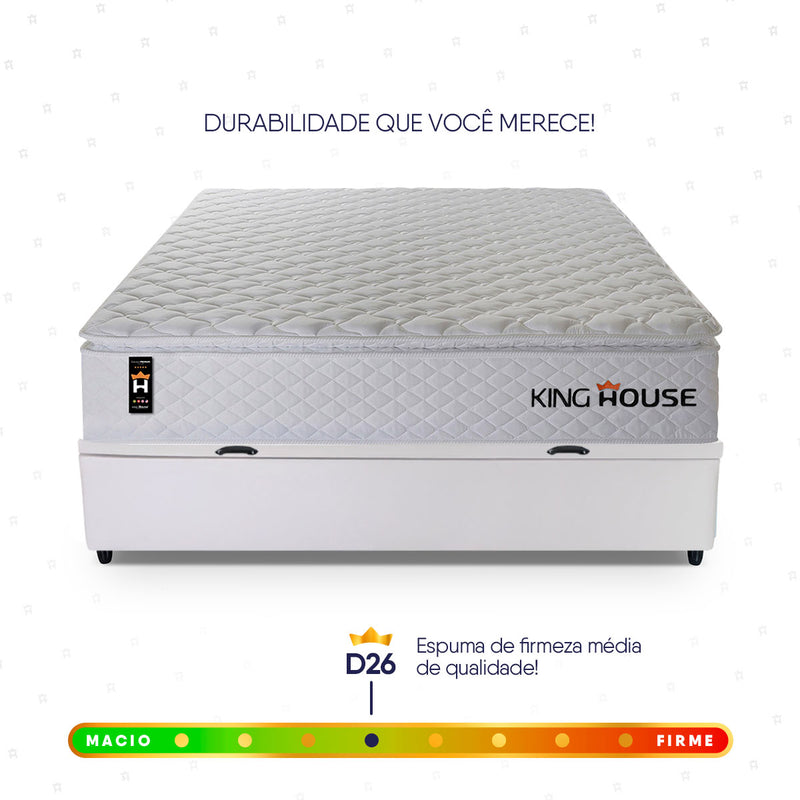 Cama Box Baú Branco New Moon 138x188x73 c/ Molas Ensacadas Espuma D26 Suporta 110 kg
