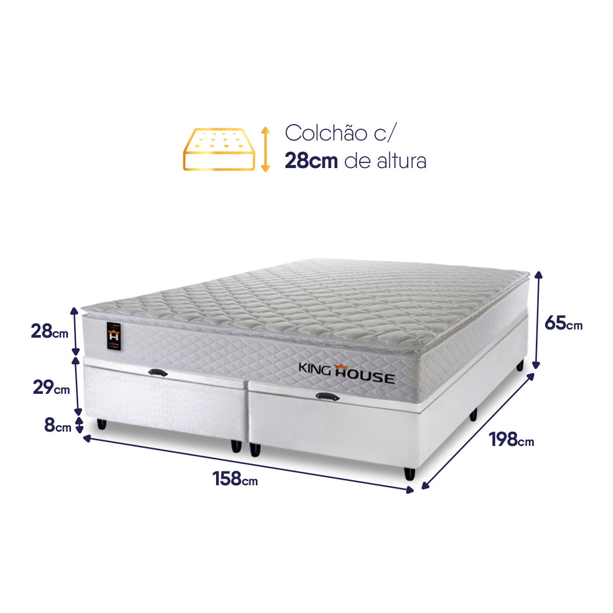 Cama Box Baú Branco New Moon 158x198x73 c/ Molas Ensacadas Espuma D26 Suporta 110 kg