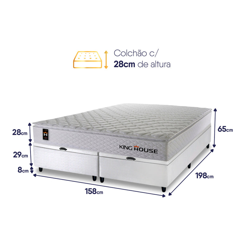 Cama Box Baú Branco New Moon 158x198x73 c/ Molas Ensacadas Espuma D26 Suporta 110 kg