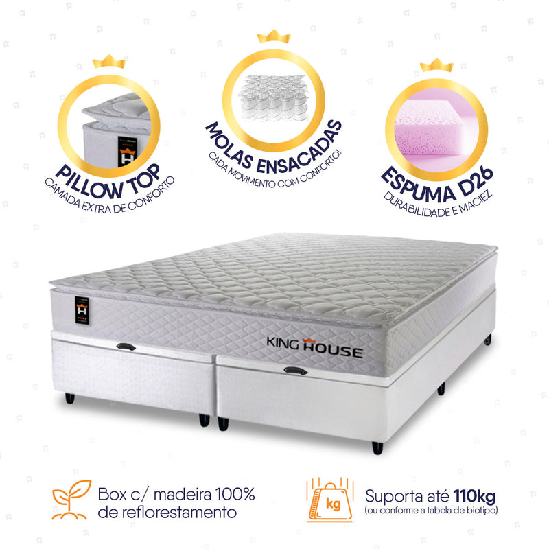Cama Box Baú Branco New Moon 158x198x73 c/ Molas Ensacadas Espuma D26 Suporta 110 kg
