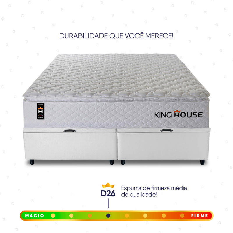 Cama Box Baú Branco New Moon 158x198x73 c/ Molas Ensacadas Espuma D26 Suporta 110 kg