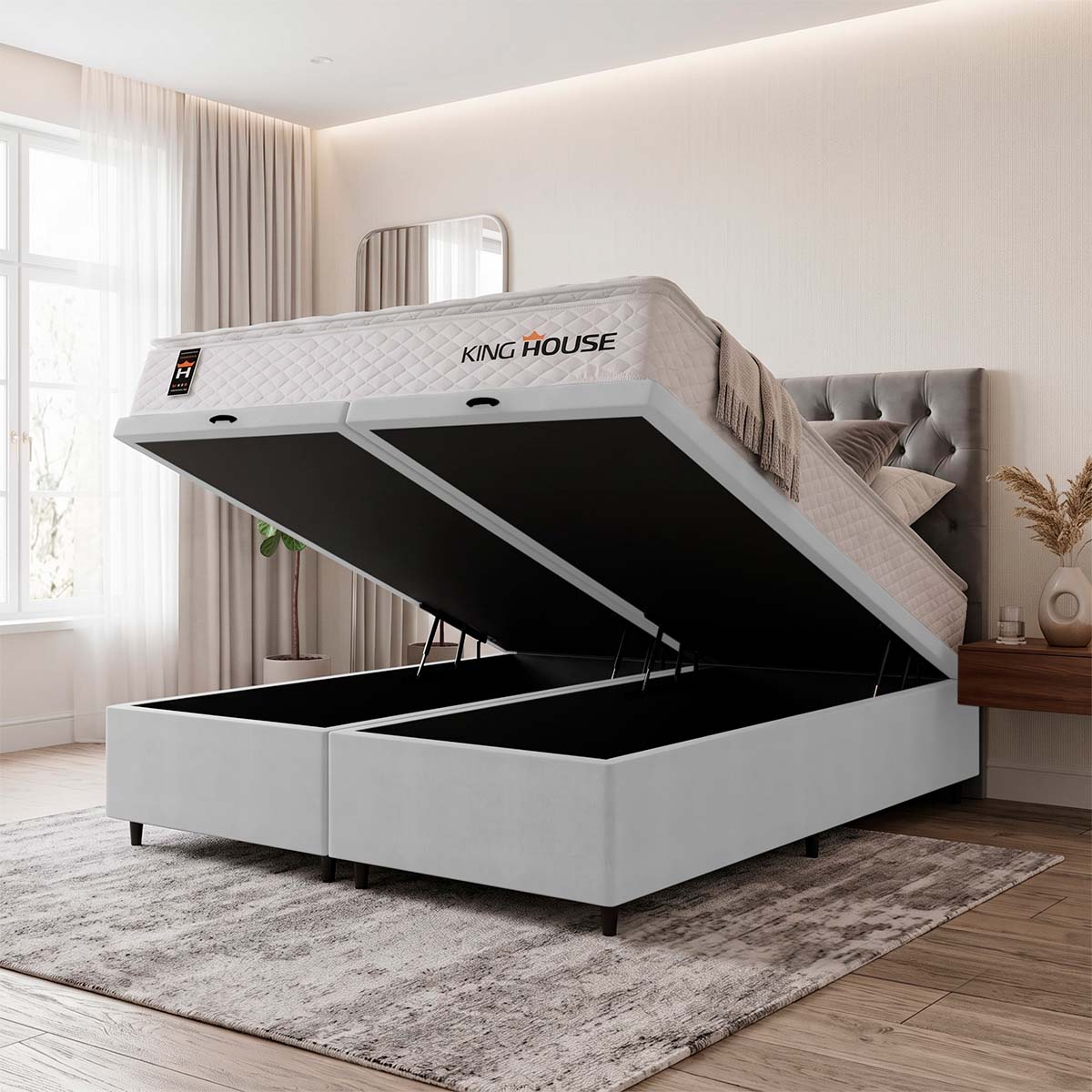 Cama Box Baú New Moon c/ Molas Ensacadas 193x203 Branco Espuma D26 Suporta 110 kg