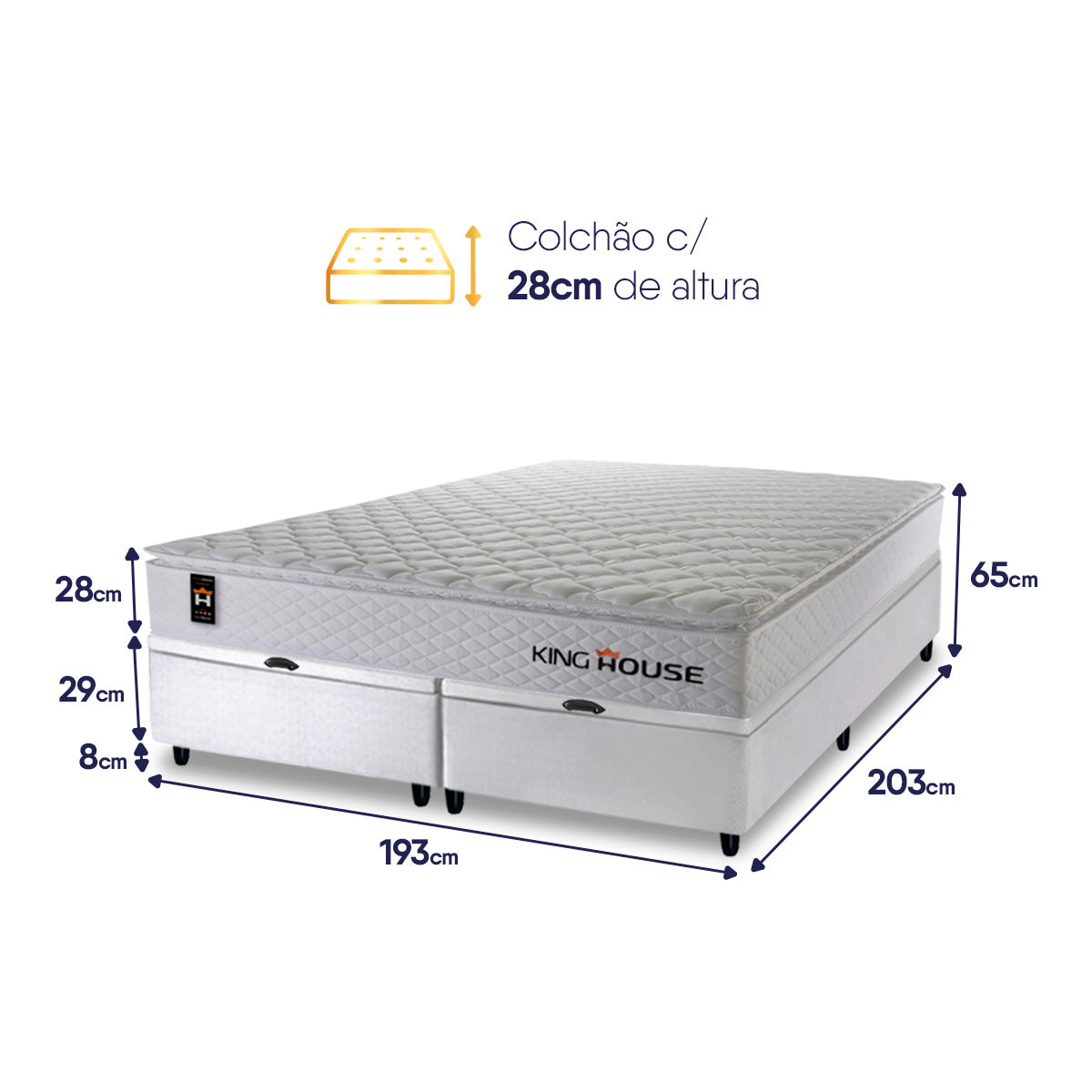 Cama Box Baú New Moon c/ Molas Ensacadas 193x203 Branco Espuma D26 Suporta 110 kg
