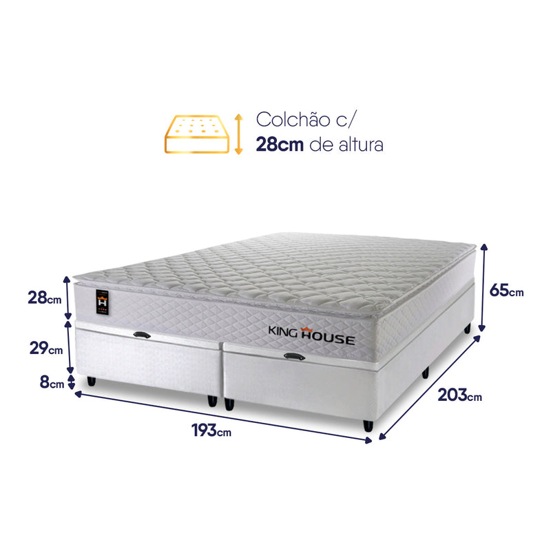 Cama Box Baú New Moon c/ Molas Ensacadas 193x203 Branco Espuma D26 Suporta 110 kg