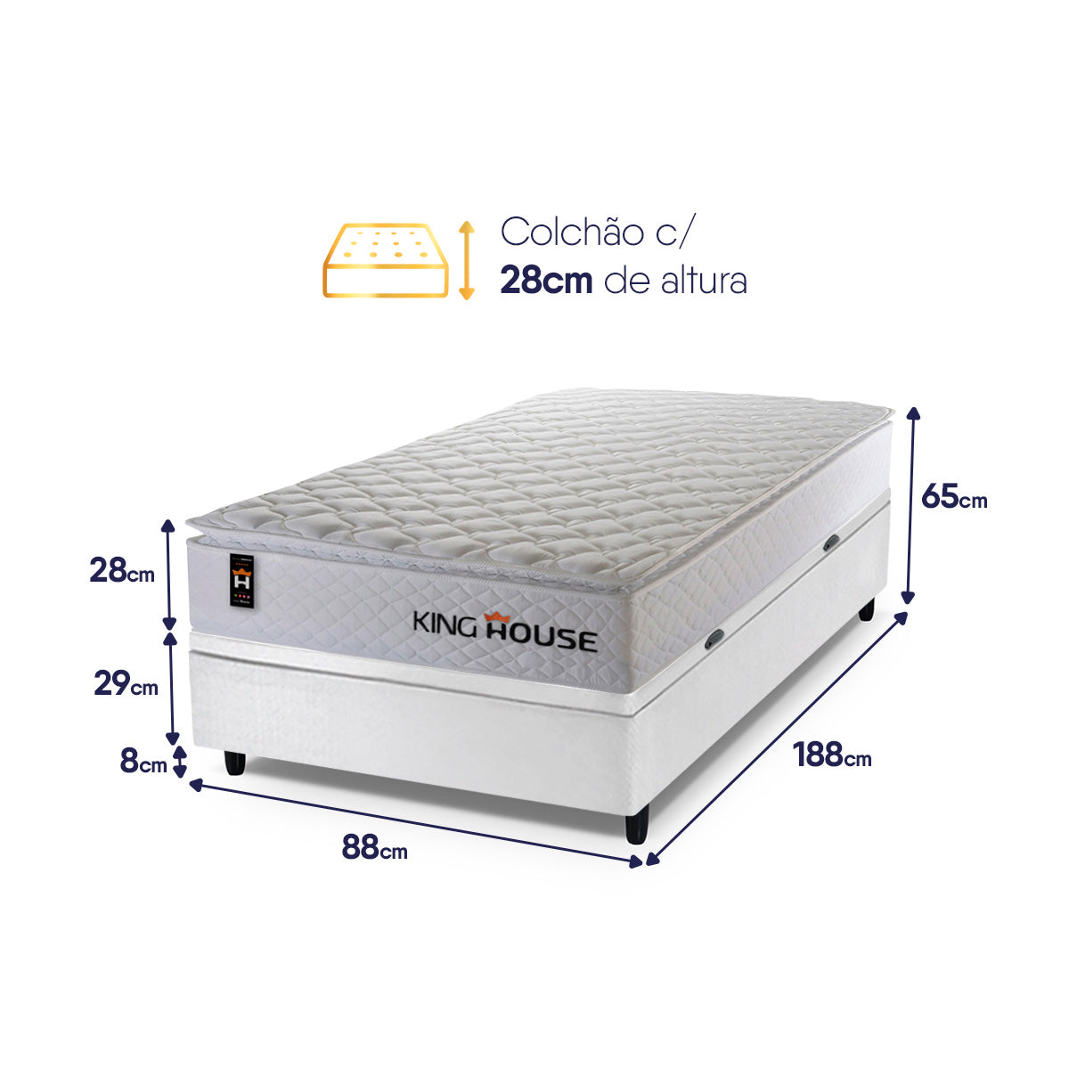 Cama Box Baú Branco New Moon 88x188x73 c/ Molas Ensacadas Espuma D26 Suporta 110 kg