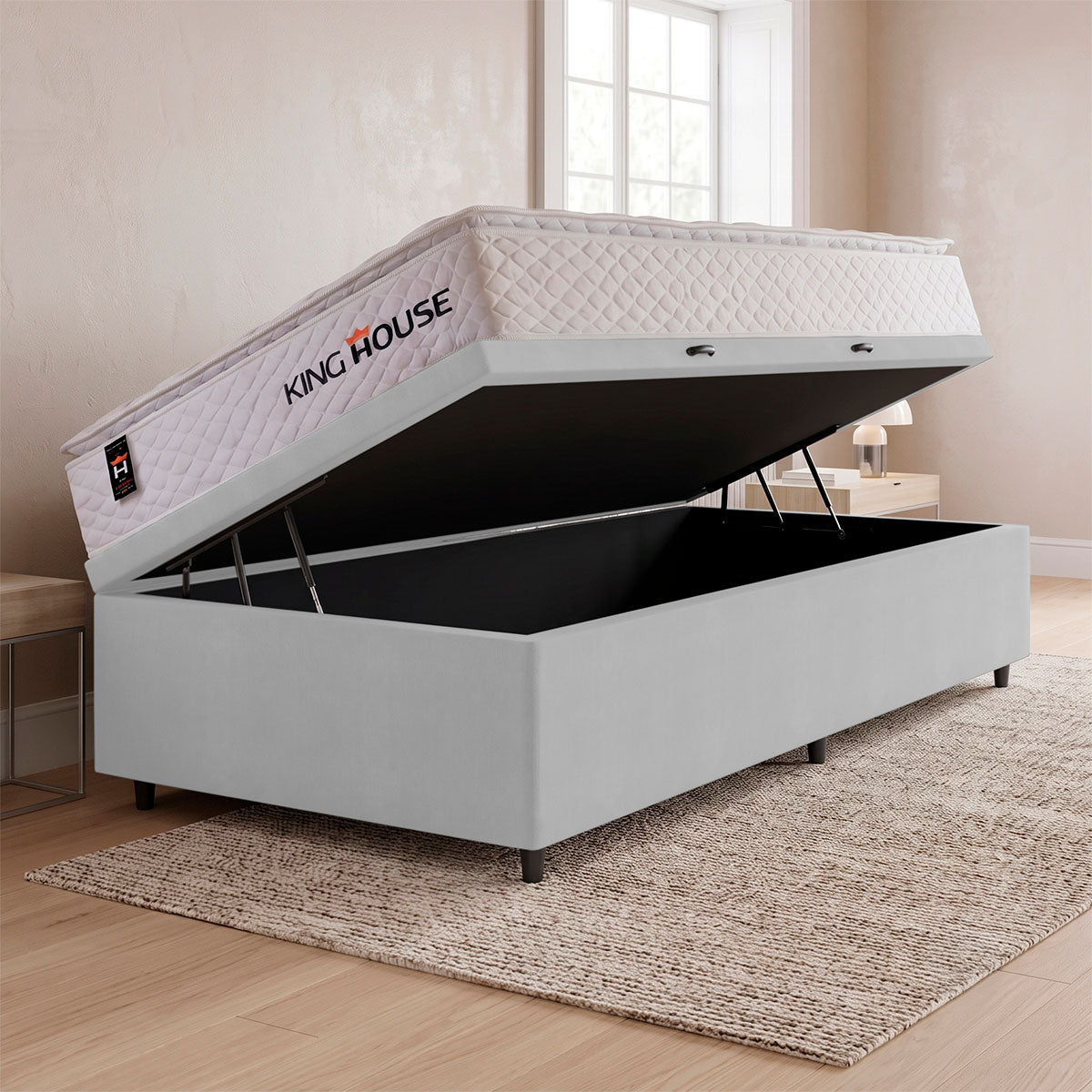 Cama Box Baú Branco New Moon 96x203x73 c/ Molas Ensacadas Espuma D26 Suporta 110 kg
