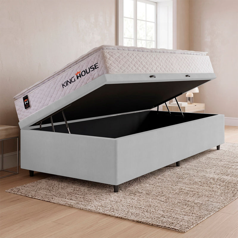Cama Box Baú Branco New Moon 96x203x73 c/ Molas Ensacadas Espuma D26 Suporta 110 kg