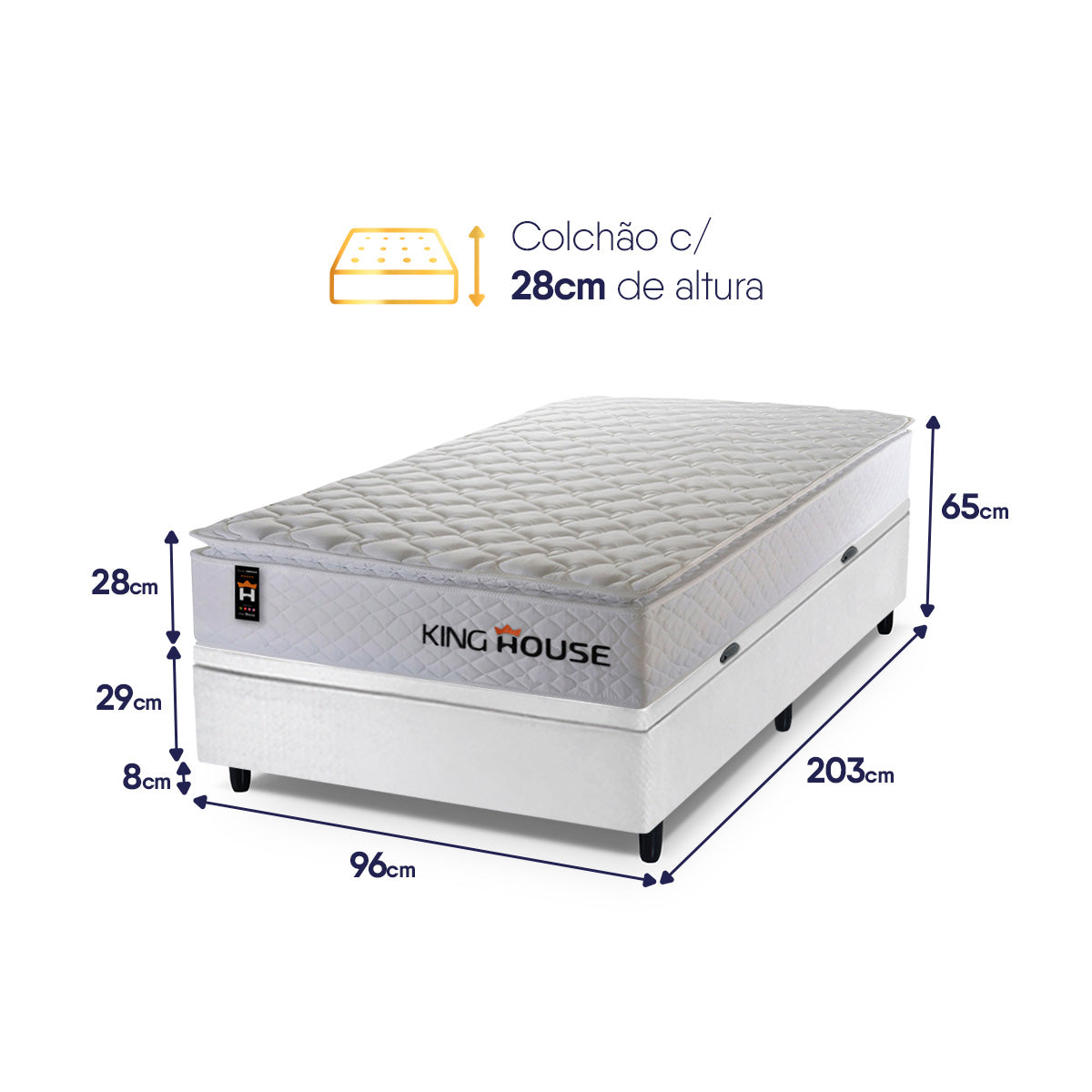Cama Box Baú Branco New Moon 96x203x73 c/ Molas Ensacadas Espuma D26 Suporta 110 kg