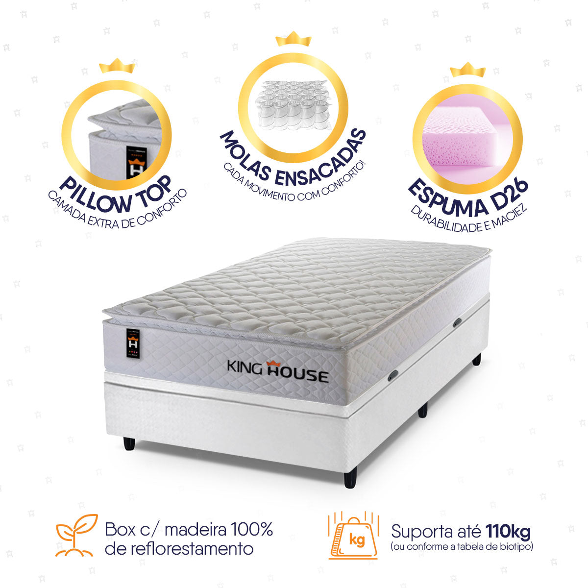 Cama Box Baú Branco New Moon 96x203x73 c/ Molas Ensacadas Espuma D26 Suporta 110 kg