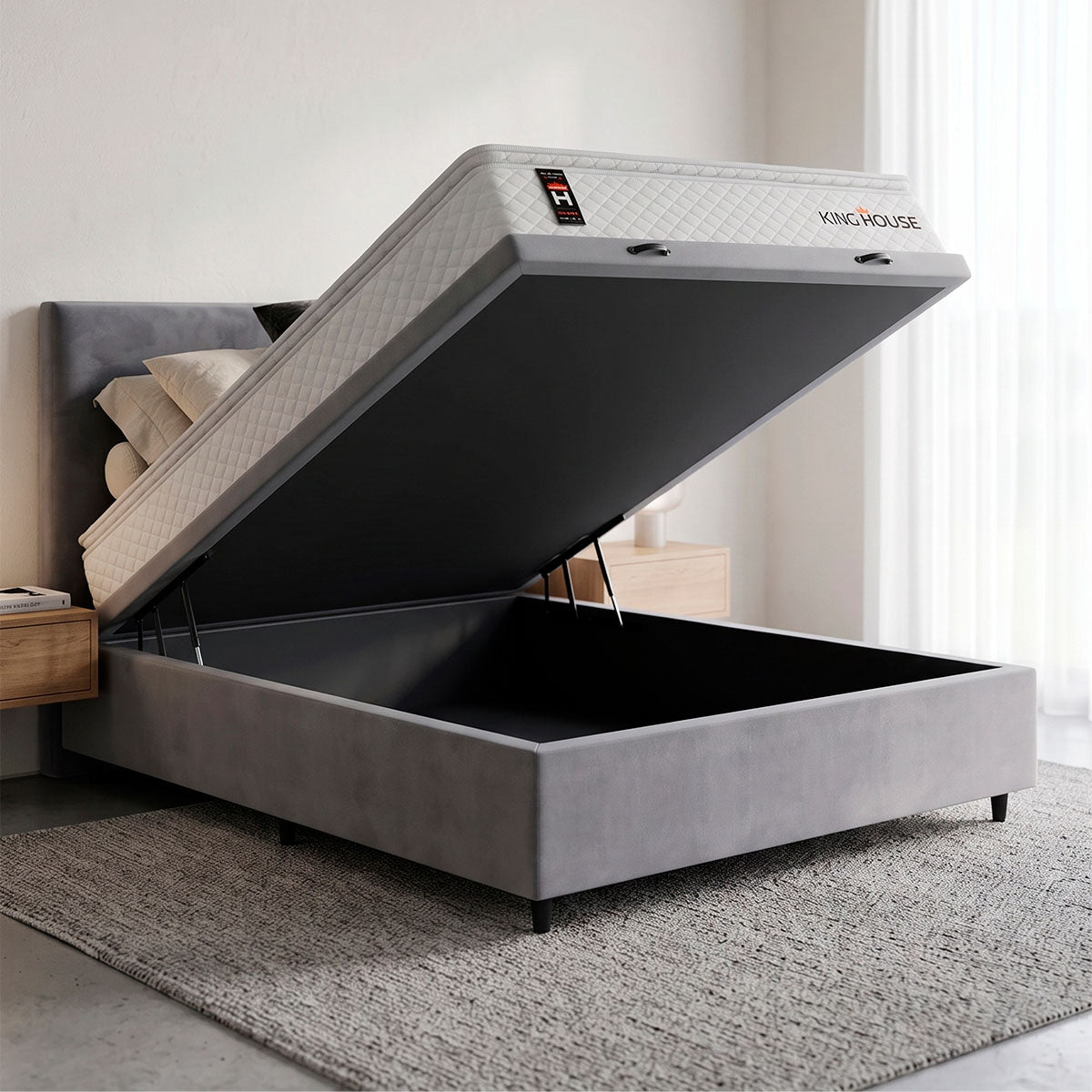 Cama Box Baú New Moon Branco e Cinza 138x188x73 c/ Molas Ensacadas Espuma D26 Suporta 110 kg
