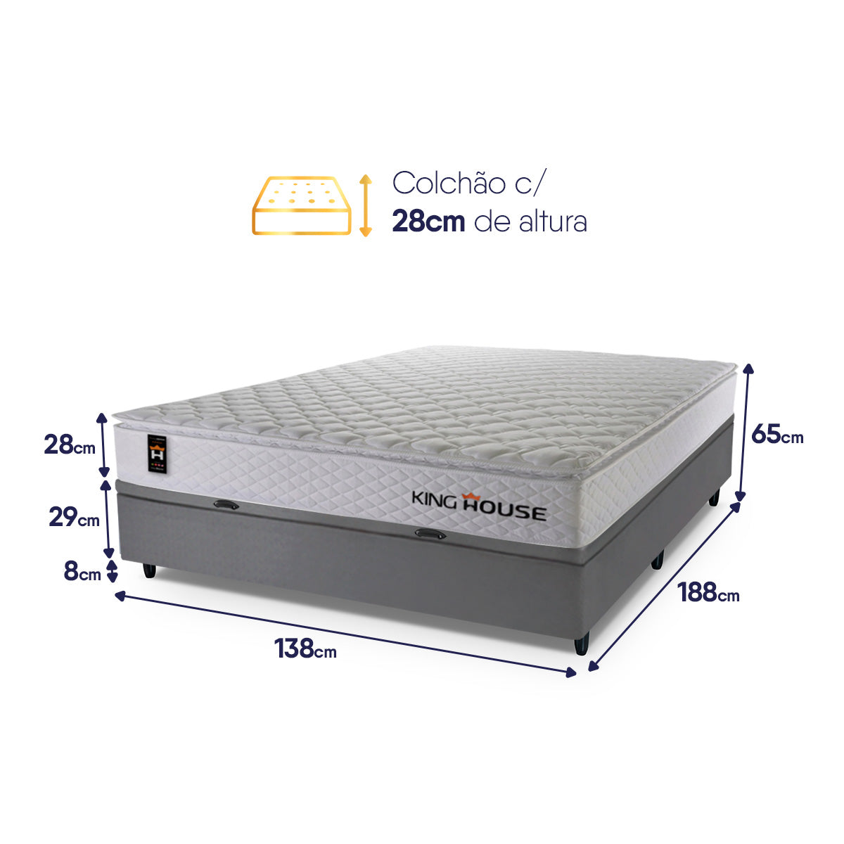 Cama Box Baú New Moon Branco e Cinza 138x188x73 c/ Molas Ensacadas Espuma D26 Suporta 110 kg