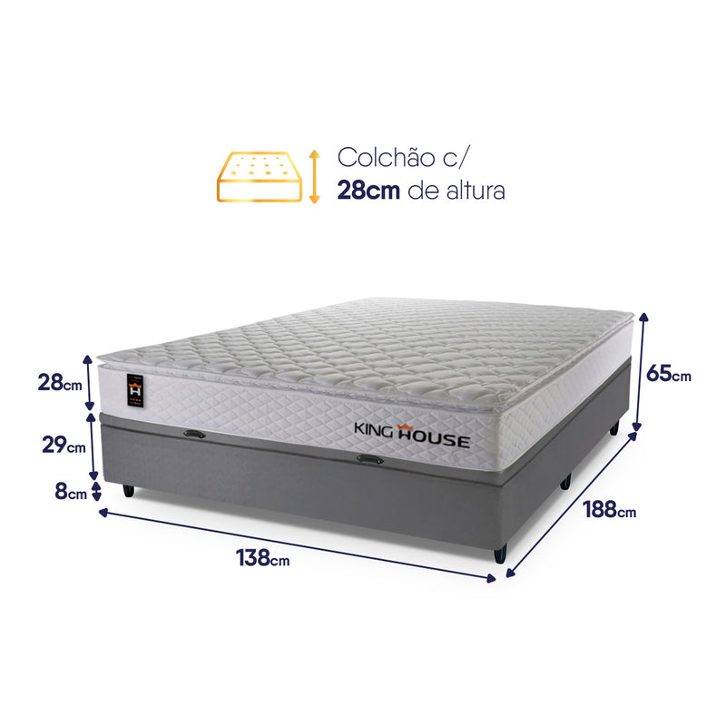 Cama Box Baú New Moon Branco e Cinza 138x188x73 c/ Molas Ensacadas Espuma D26 Suporta 110 kg