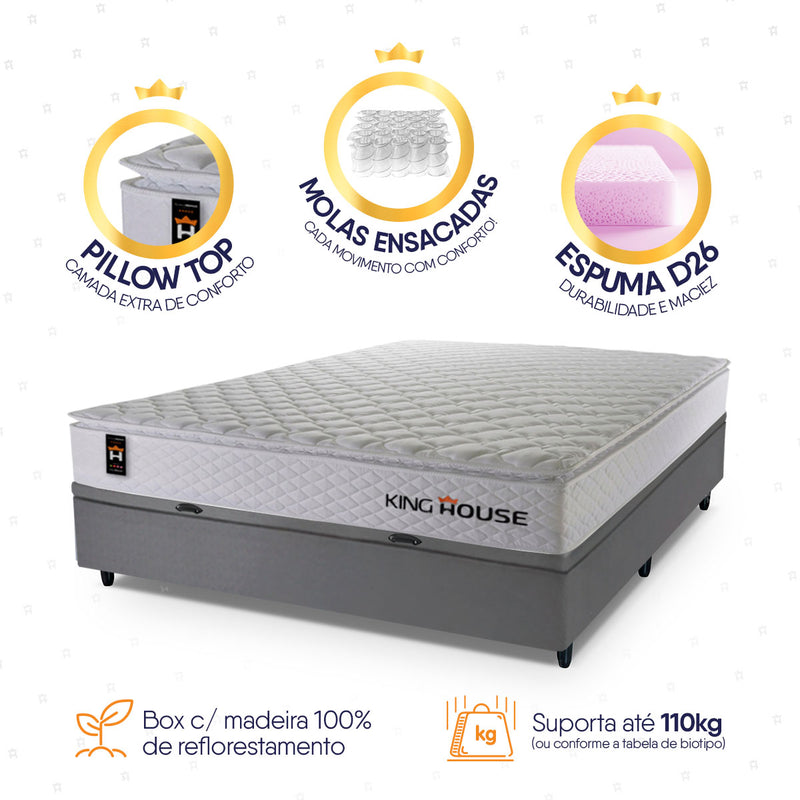 Cama Box Baú New Moon Branco e Cinza 138x188x73 c/ Molas Ensacadas Espuma D26 Suporta 110 kg
