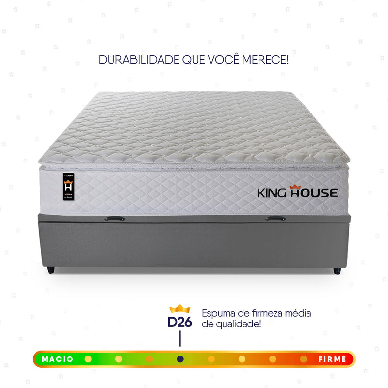 Cama Box Baú New Moon Branco e Cinza 138x188x73 c/ Molas Ensacadas Espuma D26 Suporta 110 kg