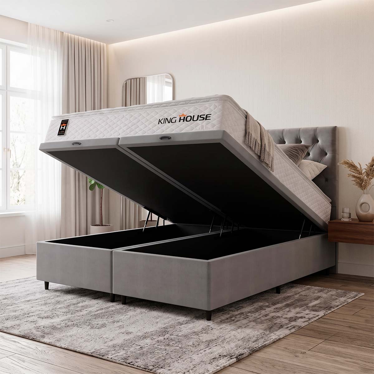 Cama Box Baú Branco e Cinza New Moon 158x198x73 c/ Molas Ensacadas Espuma D26 Suporta 110 kg