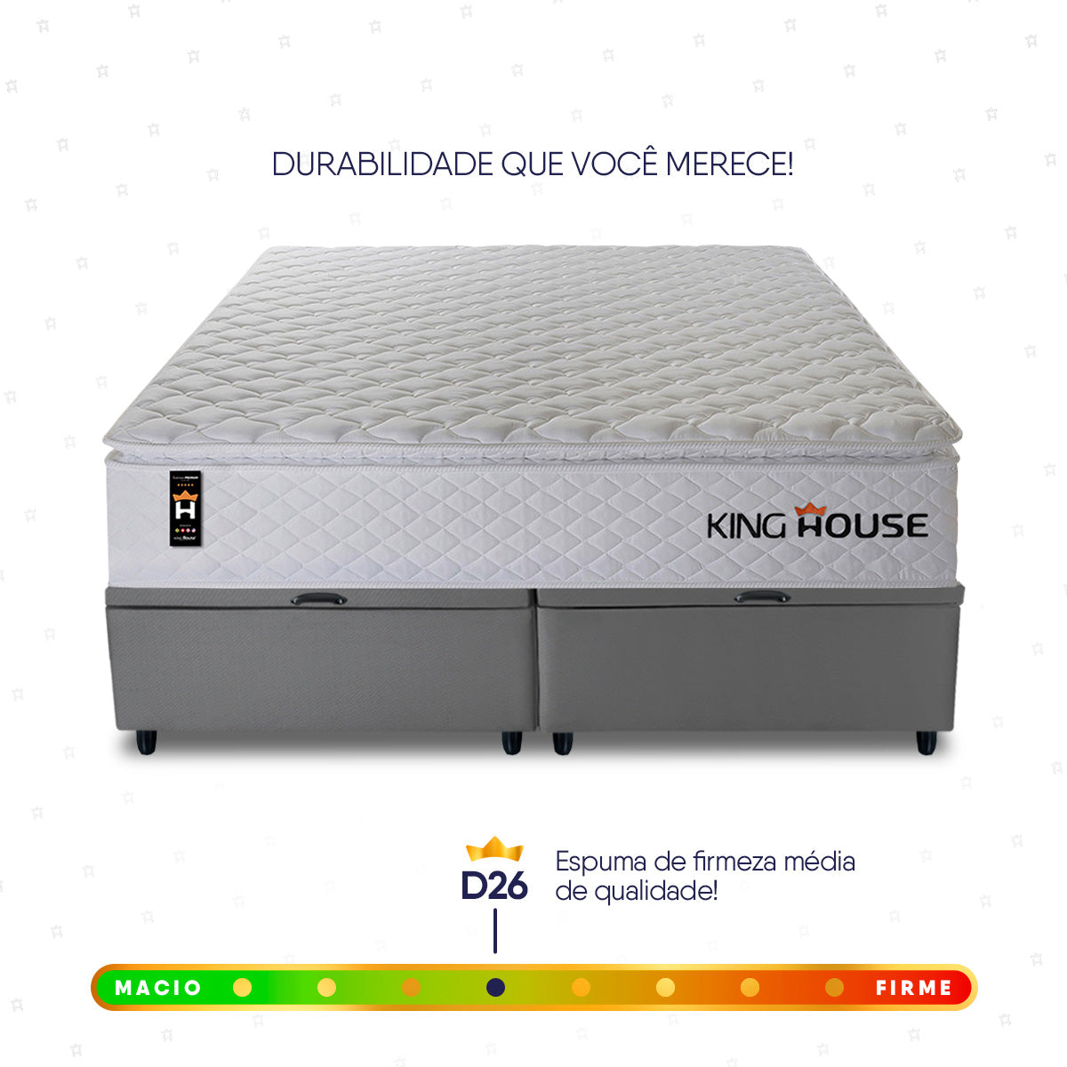 Cama Box Baú Branco e Cinza New Moon 158x198x73 c/ Molas Ensacadas Espuma D26 Suporta 110 kg