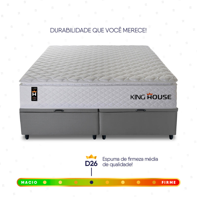 Cama Box Baú Branco e Cinza New Moon 158x198x73 c/ Molas Ensacadas Espuma D26 Suporta 110 kg