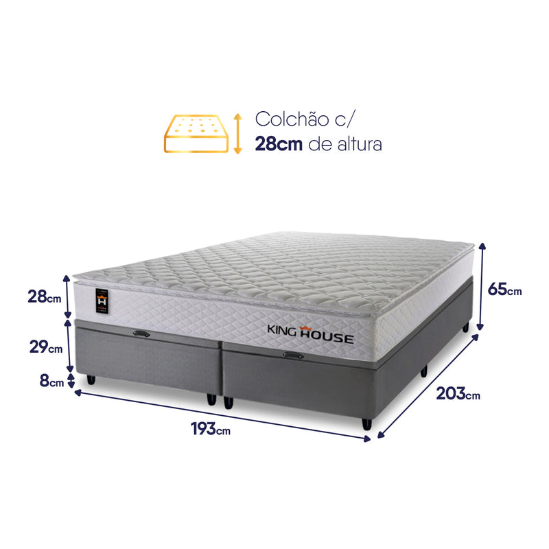 Cama Box Baú New Moon c/ Molas Ensacadas 193x203 Branco e Cinza Espuma D26 Suporta 110 kg
