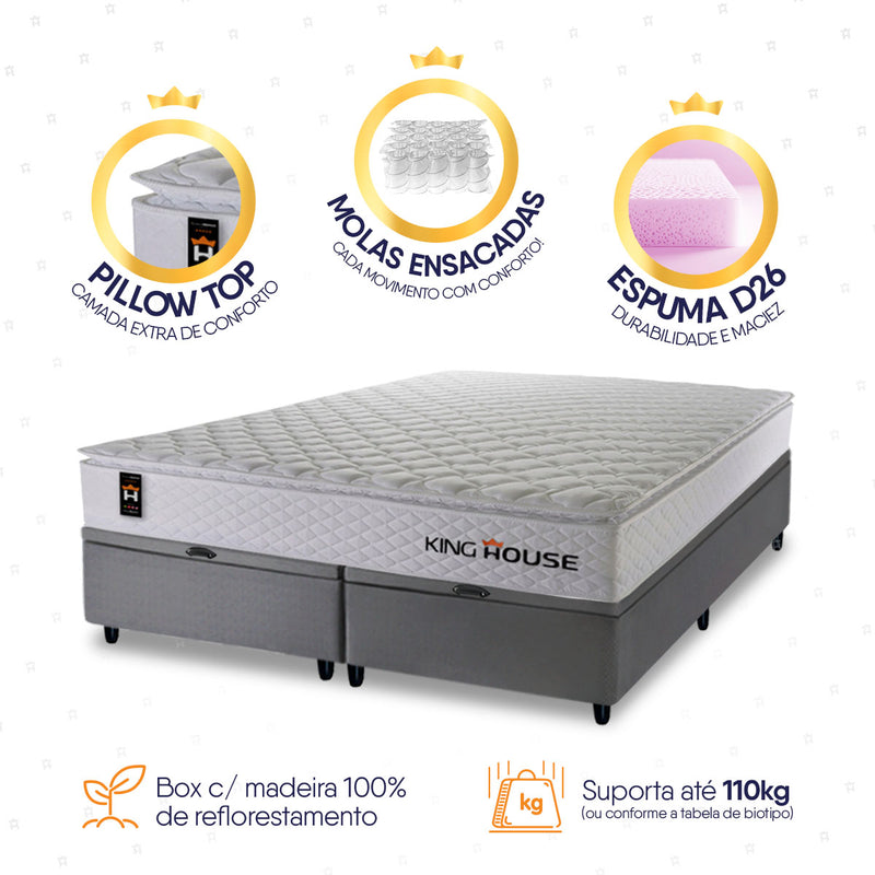 Cama Box Baú New Moon c/ Molas Ensacadas 193x203 Branco e Cinza Espuma D26 Suporta 110 kg