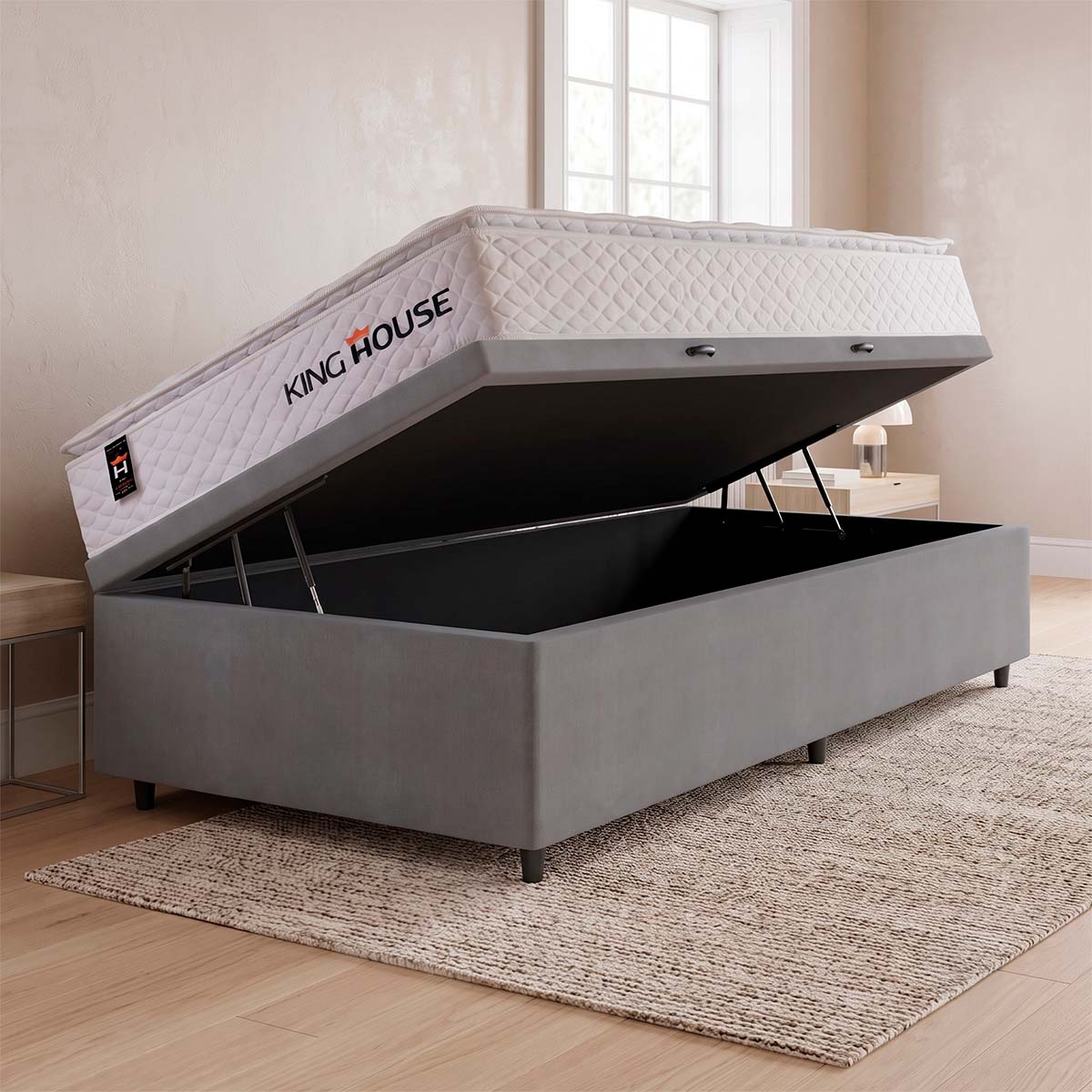 Cama Box Baú Branco e Cinza New Moon 96x203x73 c/ Molas Ensacadas Espuma D26 Suporta 110 kg