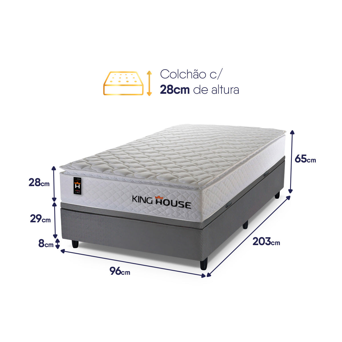 Cama Box Baú Branco e Cinza New Moon 96x203x73 c/ Molas Ensacadas Espuma D26 Suporta 110 kg