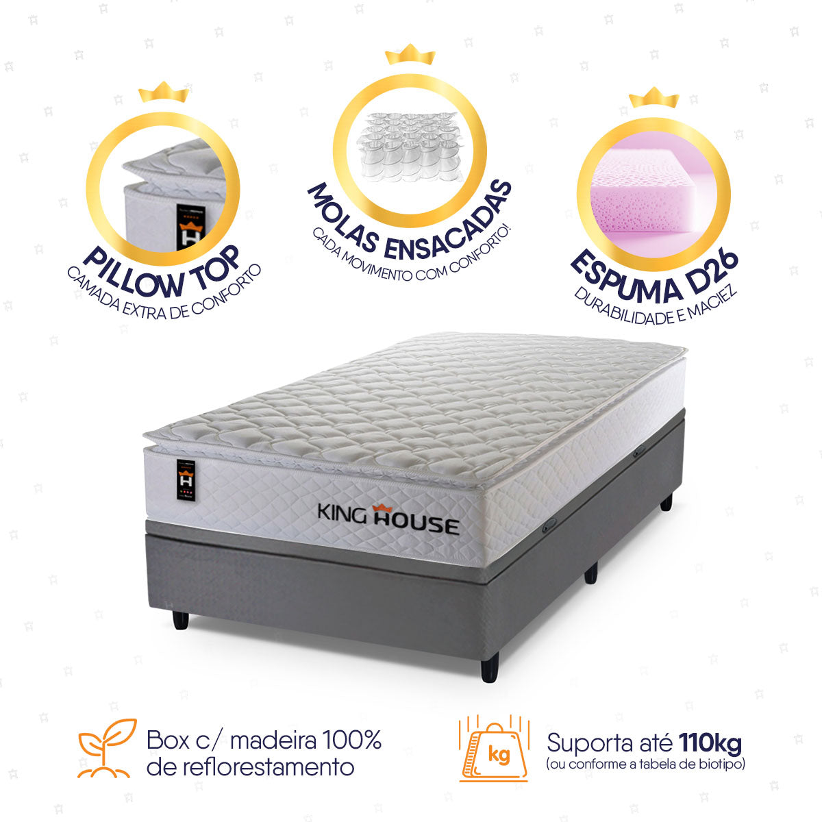 Cama Box Baú Branco e Cinza New Moon 96x203x73 c/ Molas Ensacadas Espuma D26 Suporta 110 kg