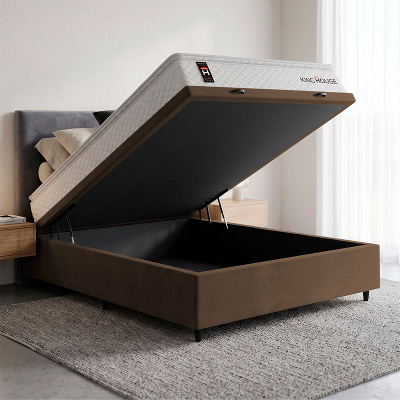 Cama Box Baú Branco e Marrom New Moon 138x188x73 c/ Molas Ensacadas Espuma D26 Suporta 110 kg
