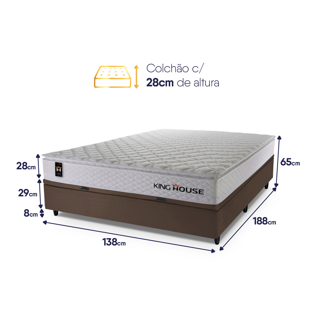 Cama Box Baú Branco e Marrom New Moon 138x188x73 c/ Molas Ensacadas Espuma D26 Suporta 110 kg