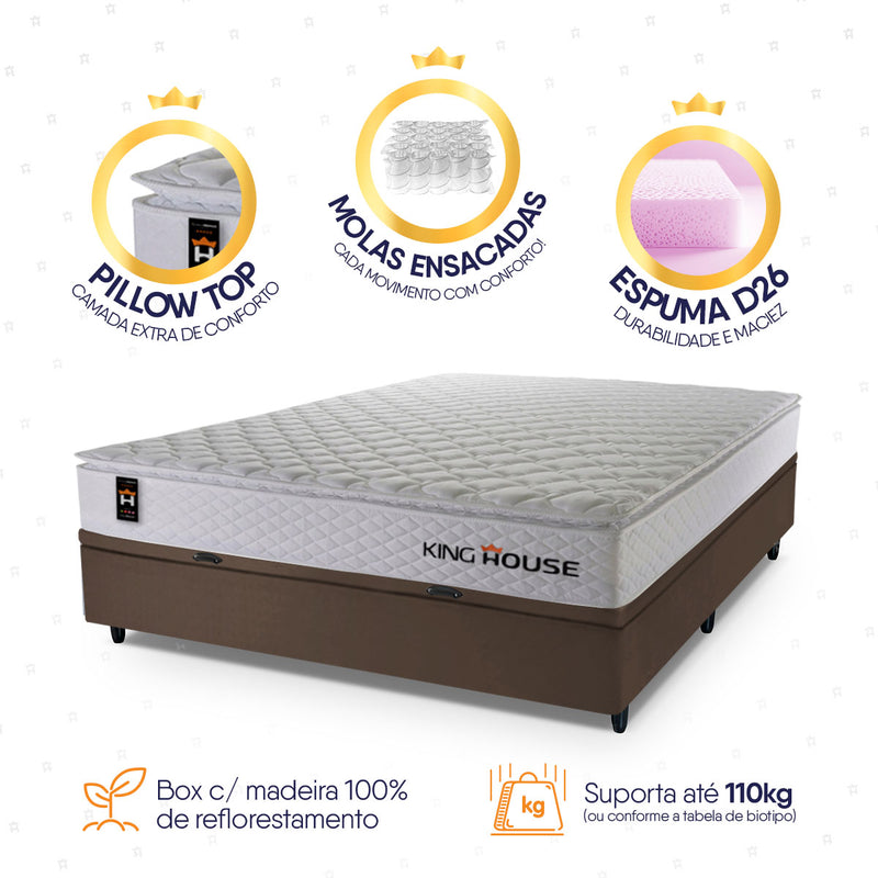Cama Box Baú Branco e Marrom New Moon 138x188x73 c/ Molas Ensacadas Espuma D26 Suporta 110 kg