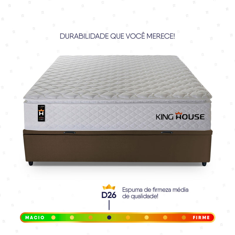 Cama Box Baú Branco e Marrom New Moon 138x188x73 c/ Molas Ensacadas Espuma D26 Suporta 110 kg
