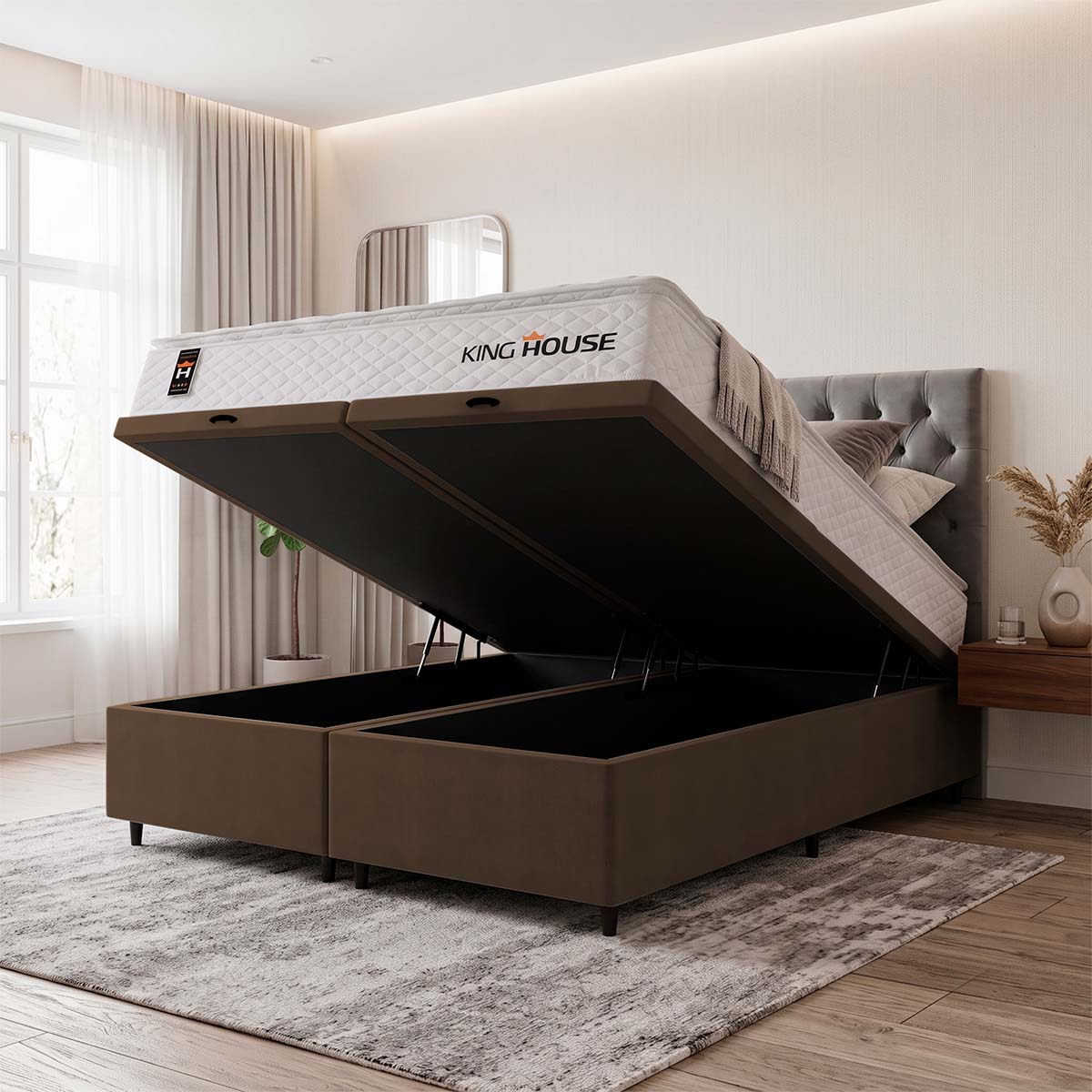 Cama Box Baú New Moon Branco e Marrom 158x198x73 c/ Molas Ensacadas Espuma D26 Suporta 110 kg