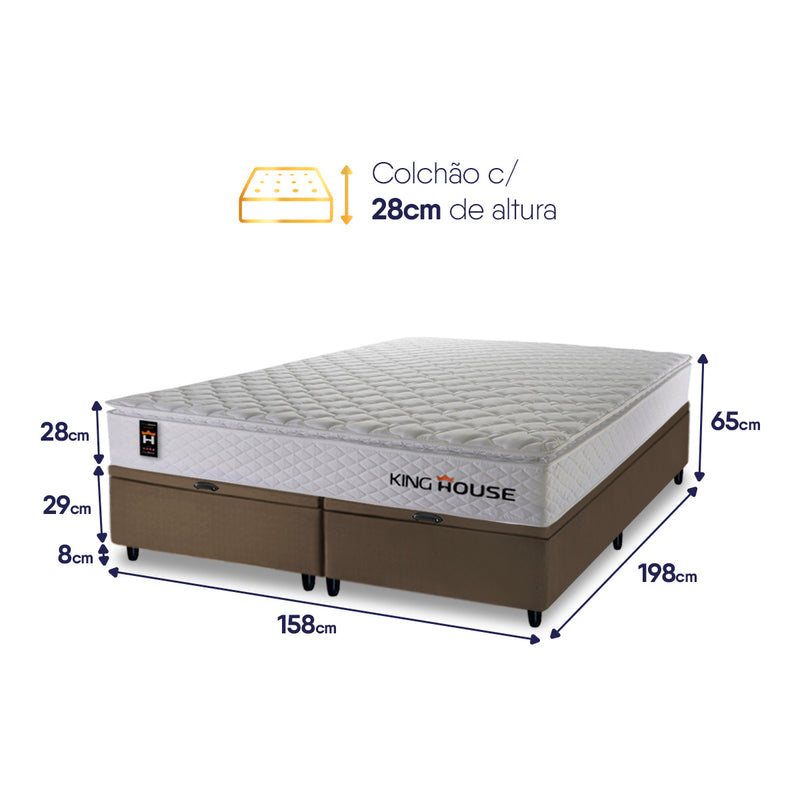 Cama Box Baú New Moon Branco e Marrom 158x198x73 c/ Molas Ensacadas Espuma D26 Suporta 110 kg