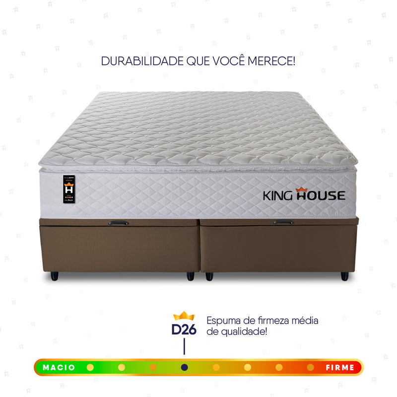 Cama Box Baú New Moon Branco e Marrom 158x198x73 c/ Molas Ensacadas Espuma D26 Suporta 110 kg