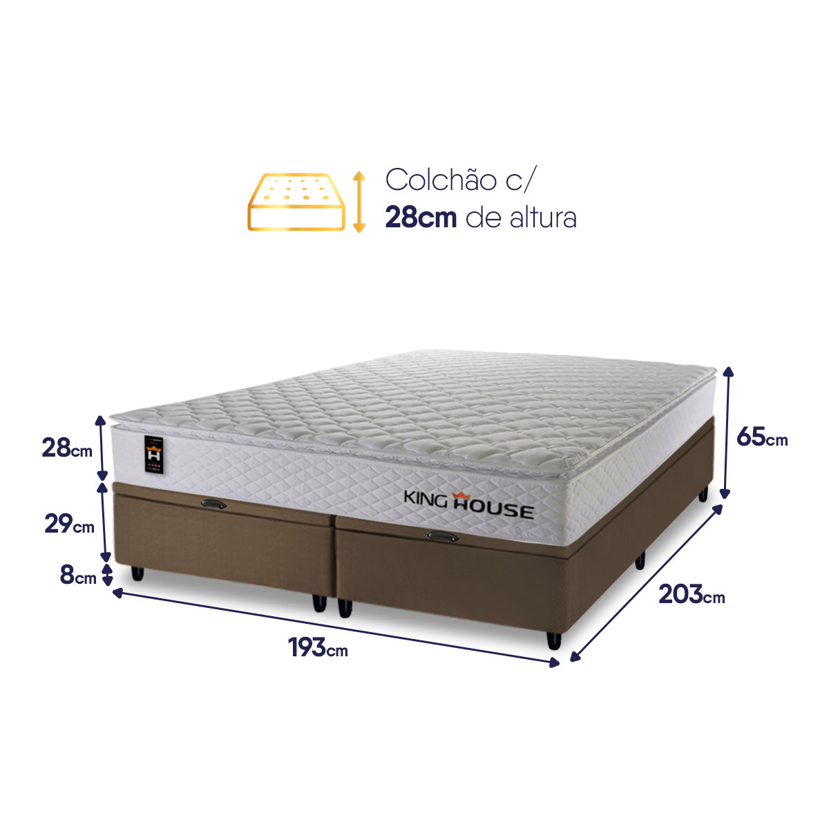 Cama Box Baú New Moon c/ Molas Ensacadas 193x203 Branco e Marrom Espuma D26 Suporta 110 kg