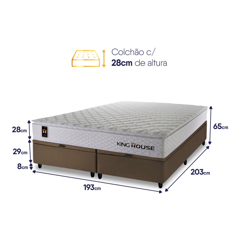 Cama Box Baú New Moon c/ Molas Ensacadas 193x203 Branco e Marrom Espuma D26 Suporta 110 kg