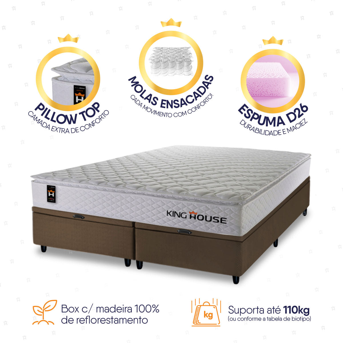 Cama Box Baú New Moon c/ Molas Ensacadas 193x203 Branco e Marrom Espuma D26 Suporta 110 kg