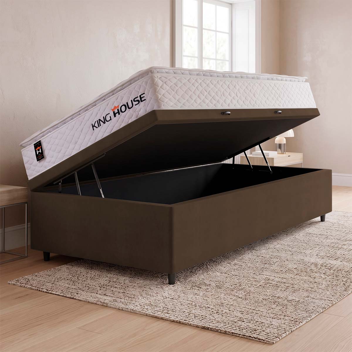 Cama Box Baú New Moon Branco e Marrom 88x188x73 c/ Molas Ensacadas Espuma D26 Suporta 110 kg