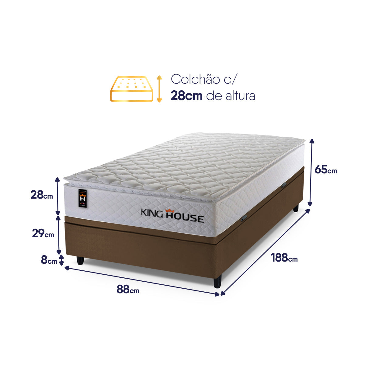 Cama Box Baú New Moon Branco e Marrom 88x188x73 c/ Molas Ensacadas Espuma D26 Suporta 110 kg