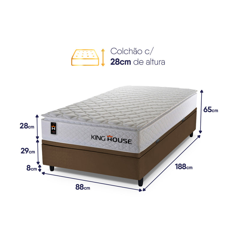 Cama Box Baú New Moon Branco e Marrom 88x188x73 c/ Molas Ensacadas Espuma D26 Suporta 110 kg