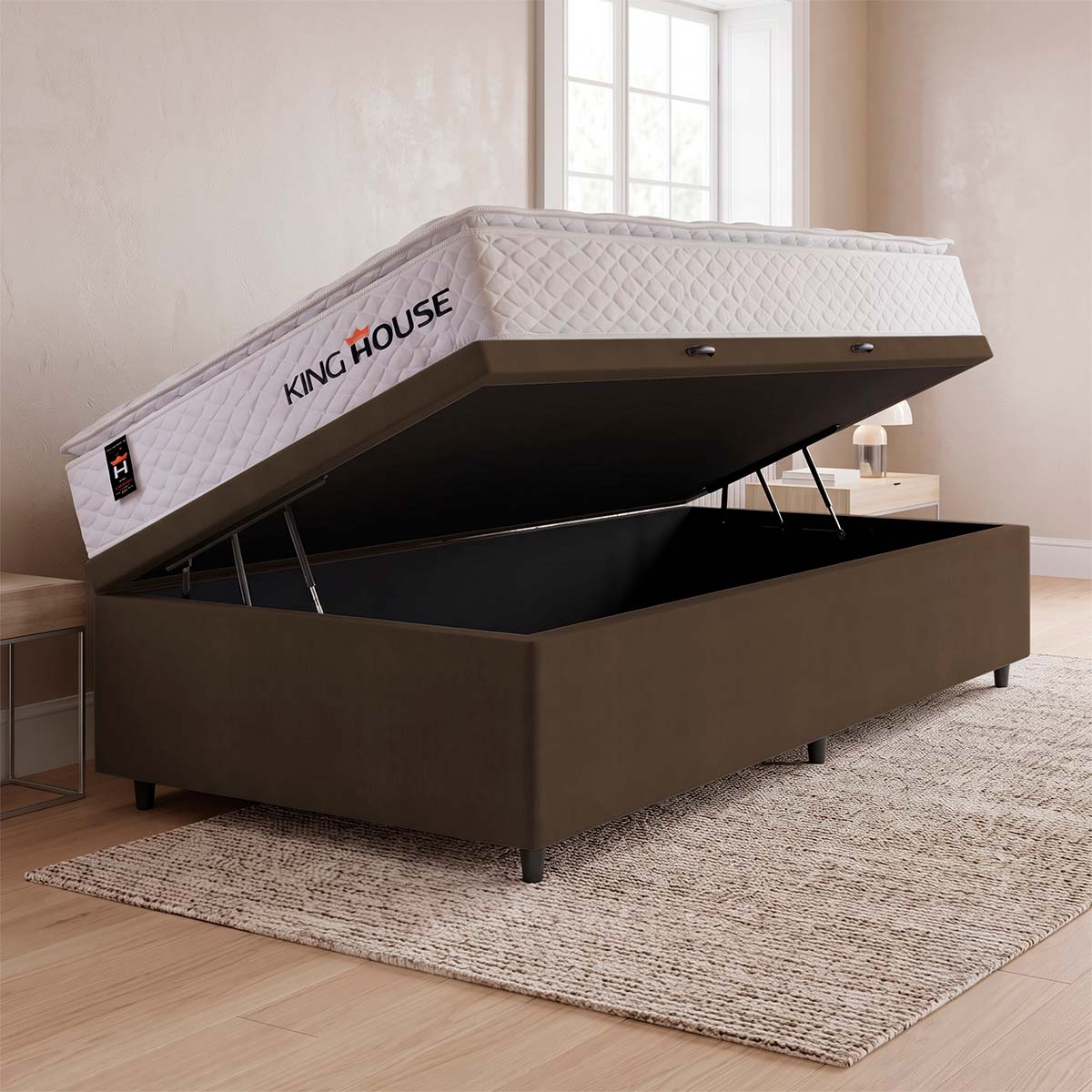 Cama Box Baú Branco e Marrom New Moon 96x203x73 c/ Molas Ensacadas Espuma D26 Suporta 110 kg