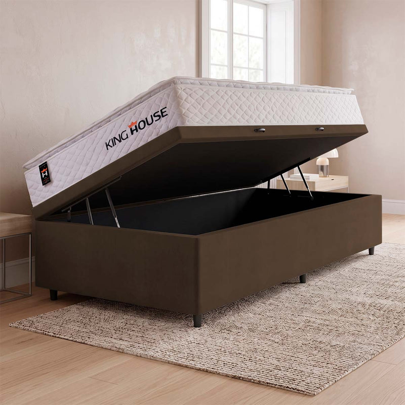 Cama Box Baú Branco e Marrom New Moon 96x203x73 c/ Molas Ensacadas Espuma D26 Suporta 110 kg