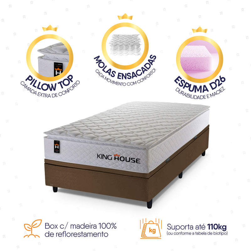 Cama Box Baú Branco e Marrom New Moon 96x203x73 c/ Molas Ensacadas Espuma D26 Suporta 110 kg