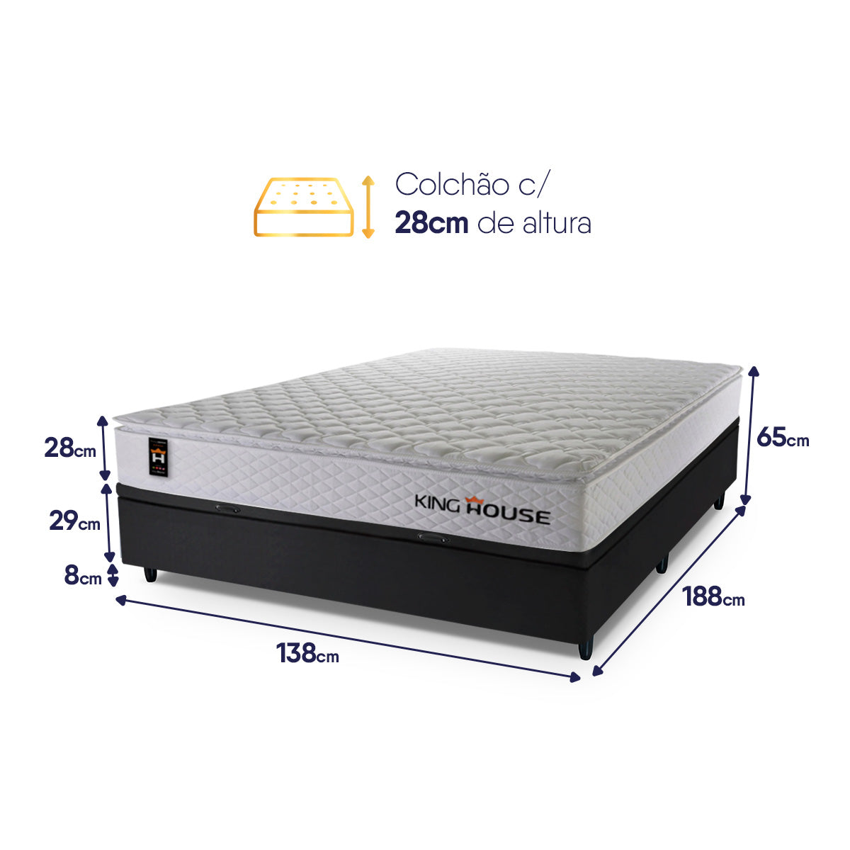 Cama Box Baú Branco e Preto New Moon 138x188x73 c/ Molas Ensacadas Espuma D26 Suporta 110 kg